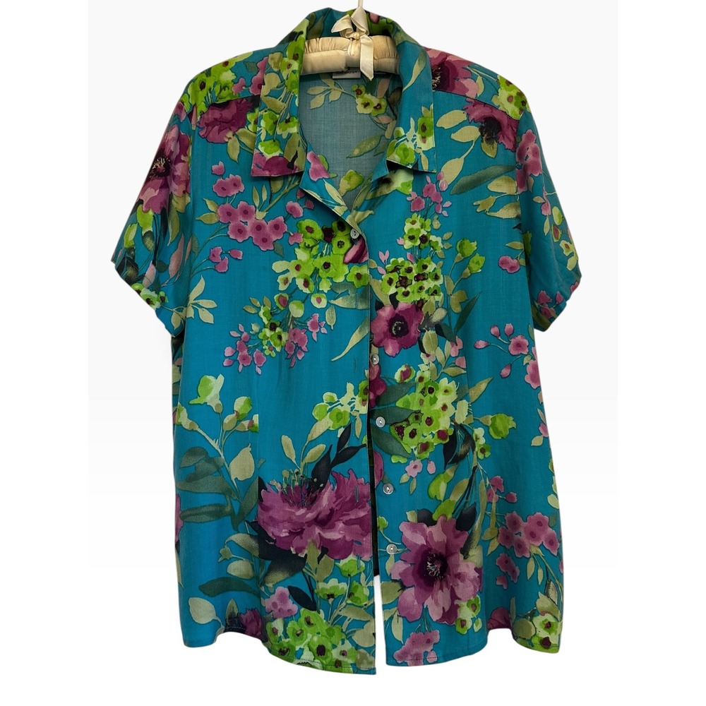 Floral Button Down Short Sleeve Silk Blend Shirt Tropical Cruise Blouse Womens L